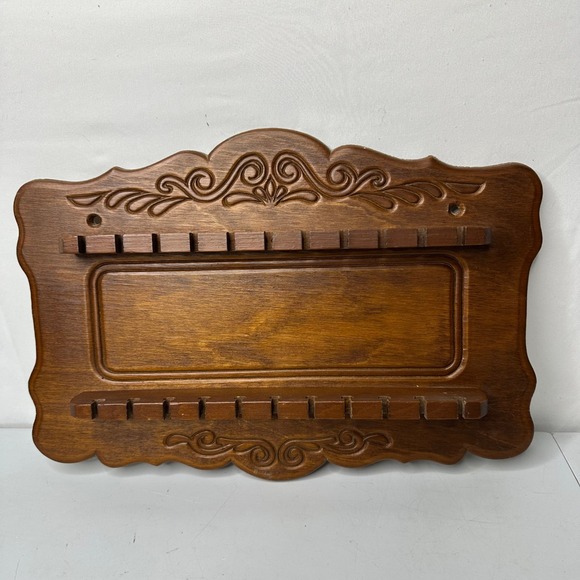 Other - Vintage Carved Wood Spoon Display Rack Wall Hanging 12 Slot Brown Scrollwork